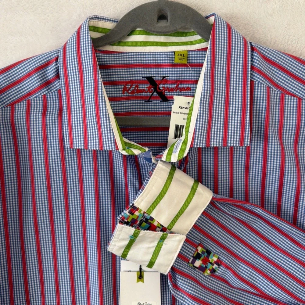 Robert Graham Mens XXL‎ X Collection Red Blue Gingham Striped Button Down Shirt